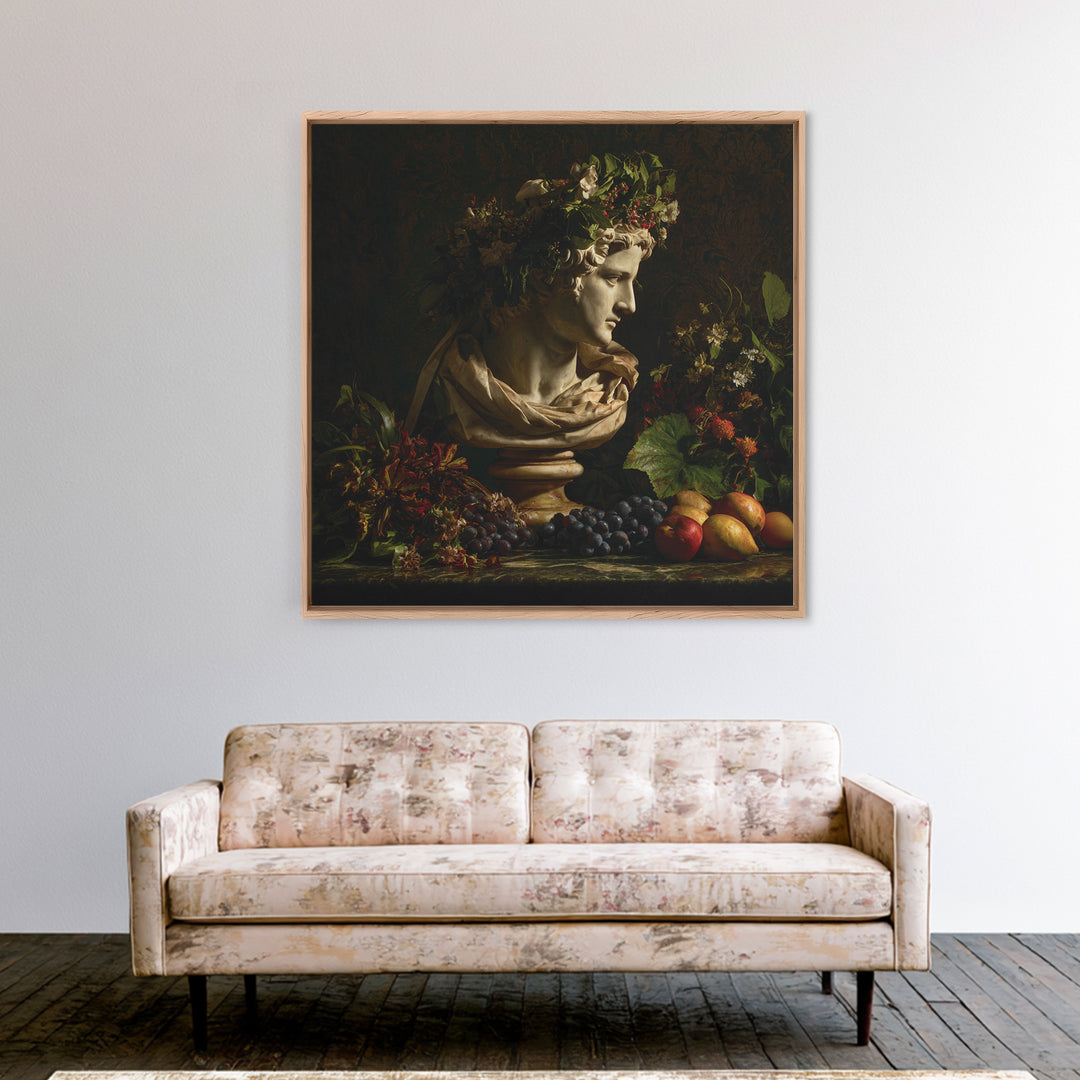 Floral Garland Surrounding a Classical Profile Canvas Print, Renaissanceinspired Art, Botanical Art, Living Room Decor, Classic, REN-1x1-46