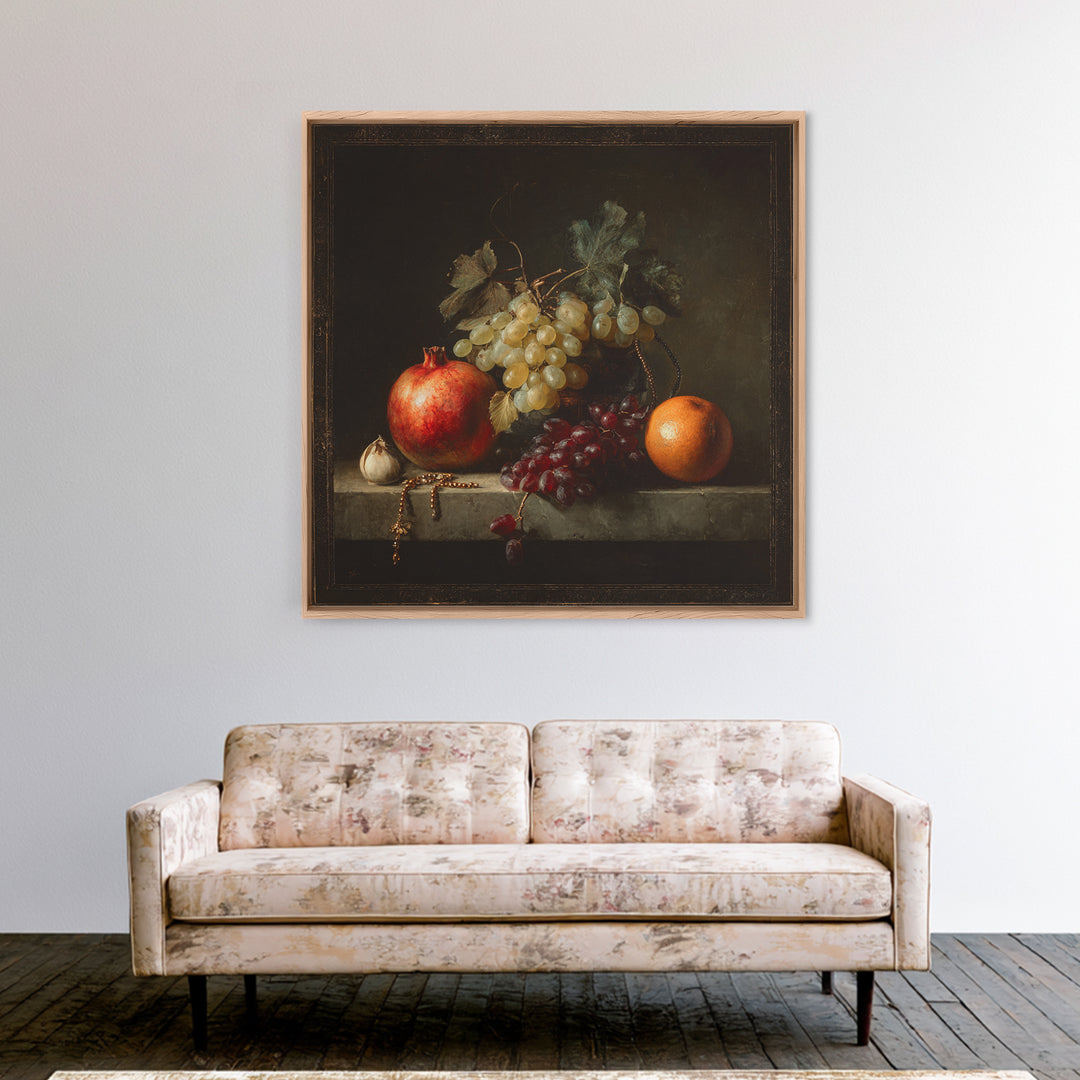 Oil Painted Fruit Still Life on Dark Canvas Print, Renaissanceinspired Art, Elegant Home Decor, Living Room Decor, Classic, REN-1x1-75