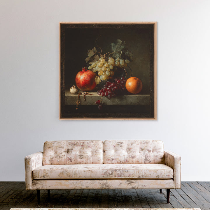 Oil Painted Fruit Still Life on Dark Canvas Print, Renaissanceinspired Art, Elegant Home Decor, Living Room Decor, Classic, REN-1x1-75