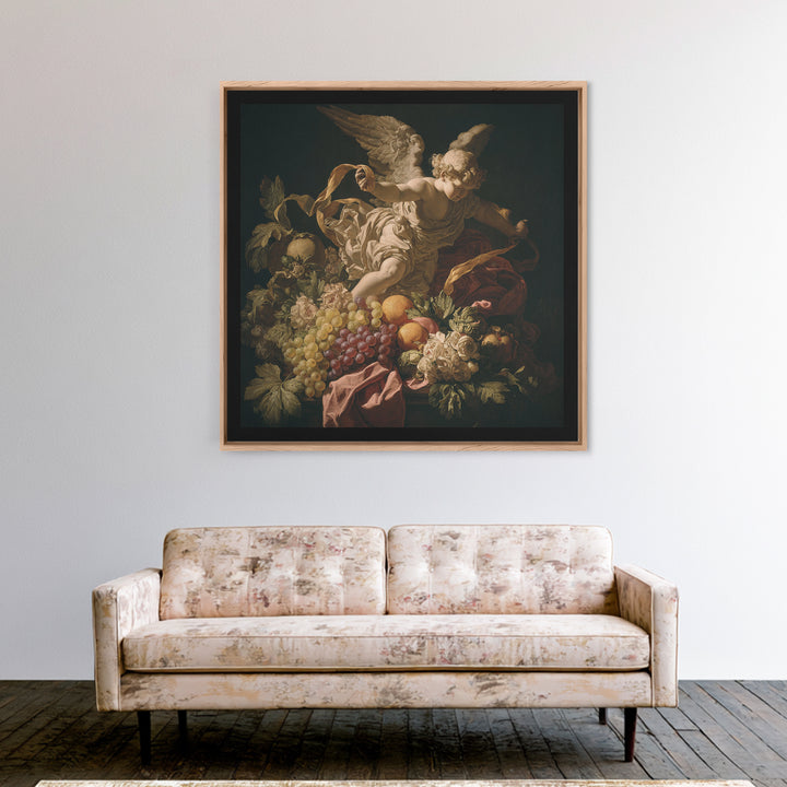 Cherub Holding a Ribbon Among Clouds Framed Canvas Print, Renaissanceinspired Art, Fantasy Decor, Living Room Decor, Classic, REN-1x1-78