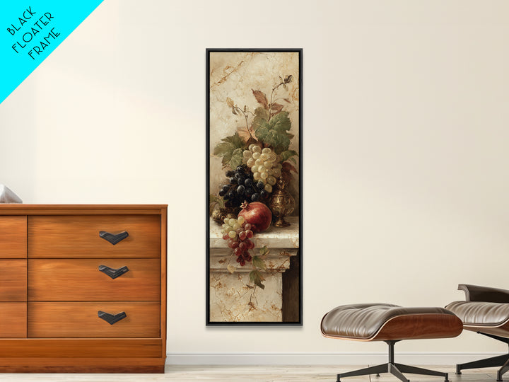 Pomegranate and Grapes on Marble Ledge Framed Canvas Print, Renaissanceinspired Art, Cat Painting, Living Room Decor, Classic, REN-1x3-29