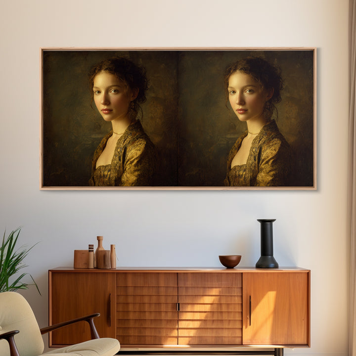 Gold Halo Portrait Framed Canvas Print, Renaissanceinspired Art, Neutral Decor, Living Room Decor, Fine Art, Classic, REN-2x1-1