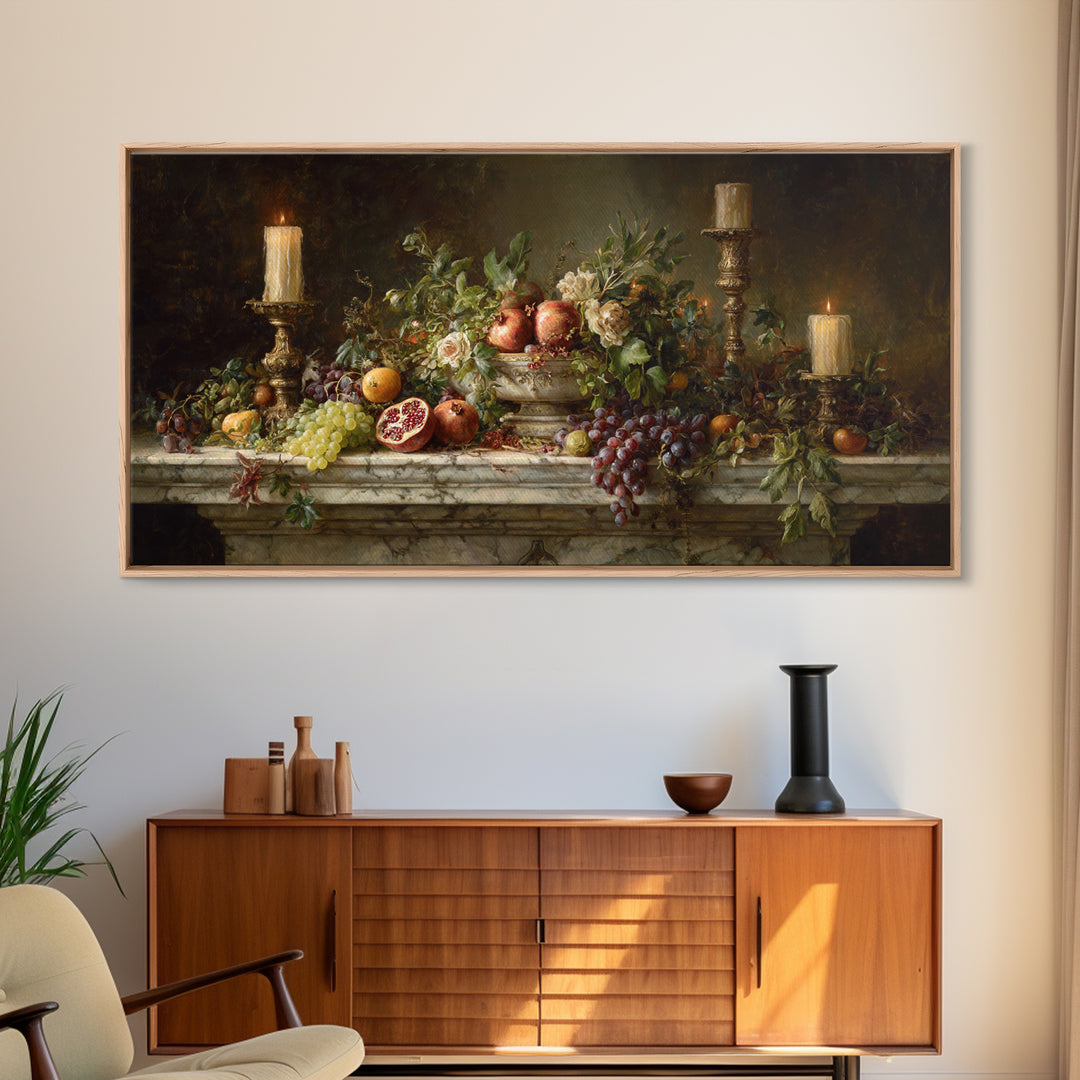 Pomegranate and Grapes on Marble Ledge Framed Canvas Print, Renaissanceinspired Art, Home Decor, Living Room Decor, Classic, REN-2x1-13