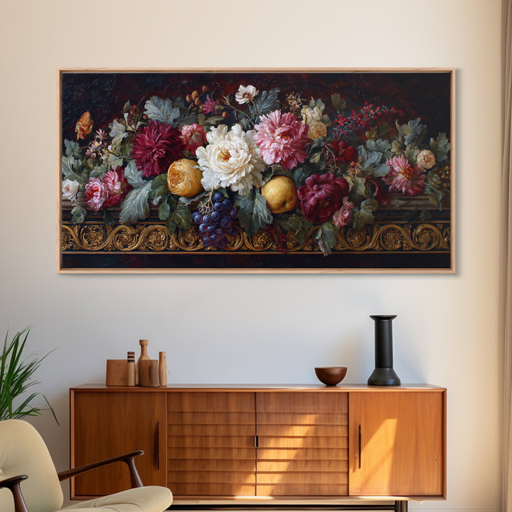 Floral Garland Surrounding a Classical Profile Canvas Print, Renaissanceinspired Art, Home Altar, Living Room Decor, Classic, REN-2x1-18
