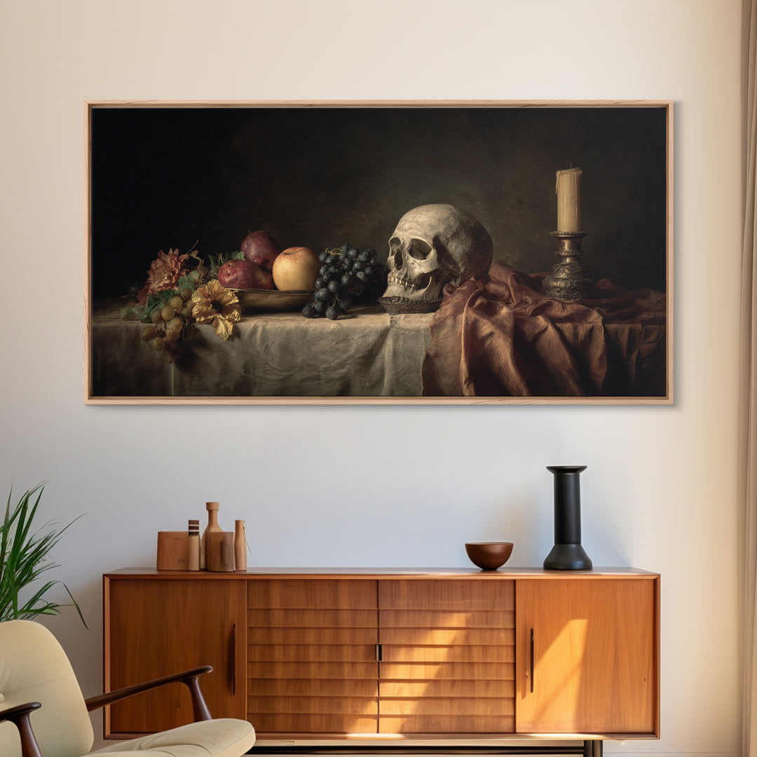 Old Master Skull and Candle Still Life Framed Canvas Print, Renaissanceinspired Art, Classic Art, Living Room Decor, Classic, REN-2x1-30