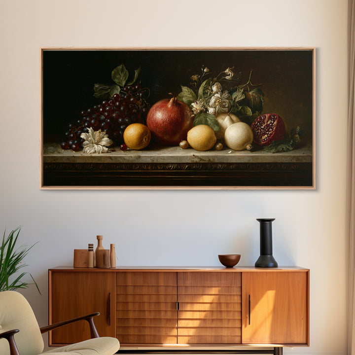 Oil Painted Fruit Still Life on Dark Canvas Print, Renaissanceinspired Art, Printable Art, Living Room Decor, Oil Painting, REN-2x1-47
