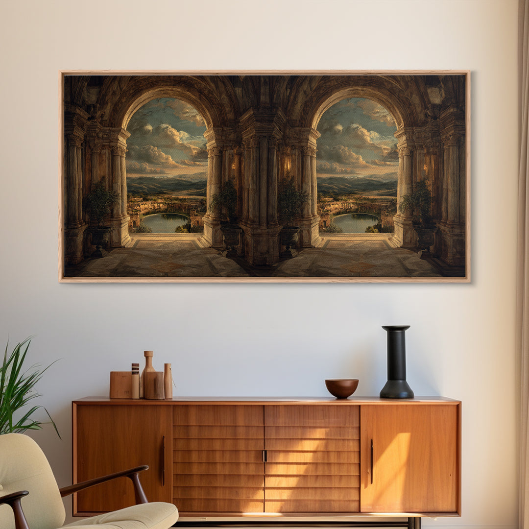 Architectural Arch with Italian Landscape Beyond Canvas Print, Renaissanceinspired Art, Cat Painting, Living Room Decor, REN-2x1-79