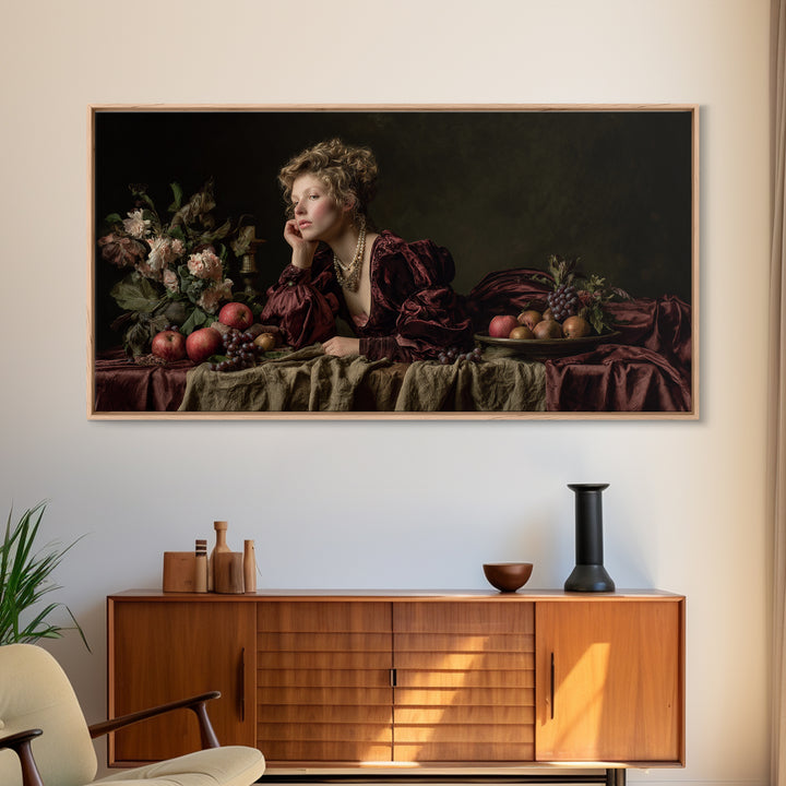 Portrait with Pearl Necklace and Velvet Dress Canvas Print, Renaissanceinspired Art, Boho Decor, Living Room Decor, Classic, REN-2x1-8