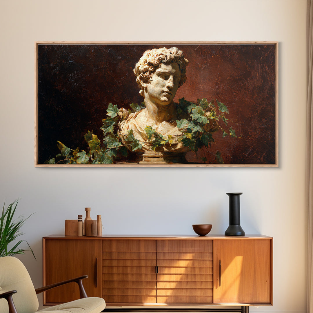 Classical Statue Bust Covered Framed Canvas Print, Renaissanceinspired Art, Botanical Art, Living Room Decor, Fine Art, Classic, REN-2x1-87