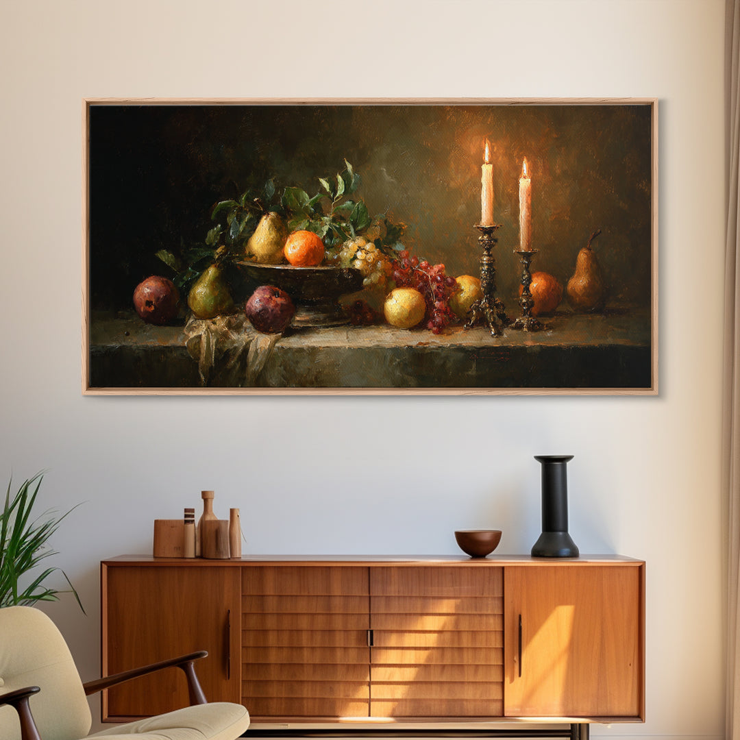 Oil Painted Fruit Still Life on Dark Framed Canvas Print, Renaissanceinspired Art, Fantasy Decor, Living Room Decor, Classic, REN-2x1-95