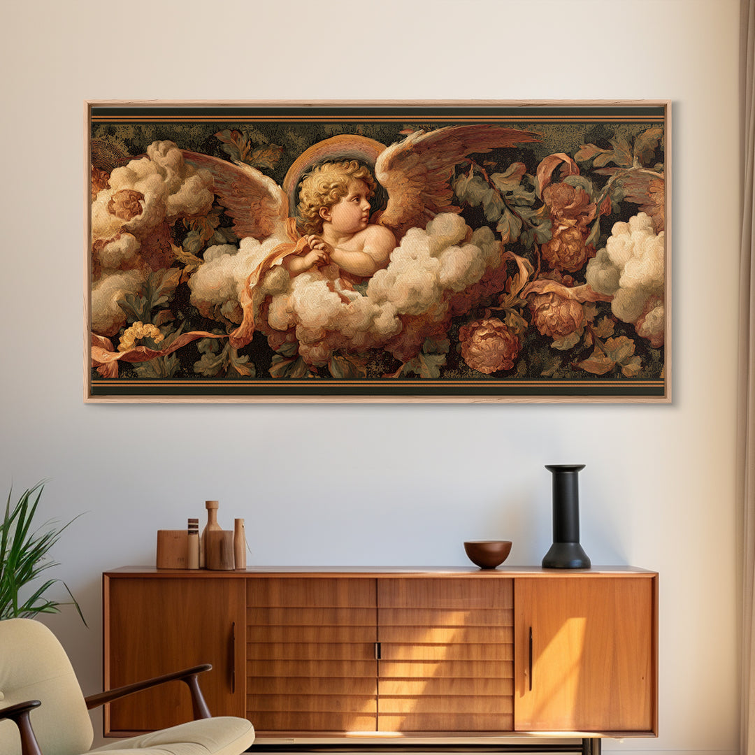 Cherub Holding a Ribbon Among Clouds Canvas Print, Renaissanceinspired Art, Living Room Decor, Watercolor Art, Classic, REN-2x1-98