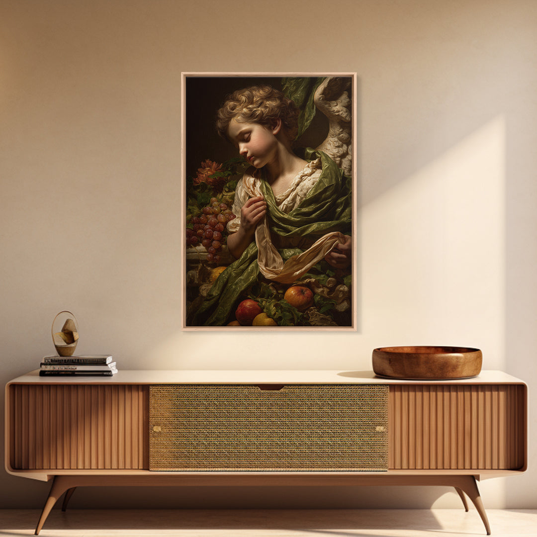 Cherub Holding a Ribbon Among Clouds Canvas Print, Renaissanceinspired Art, Elegant Home Decor, Living Room Decor, Oil Painting, REN-2x3-14