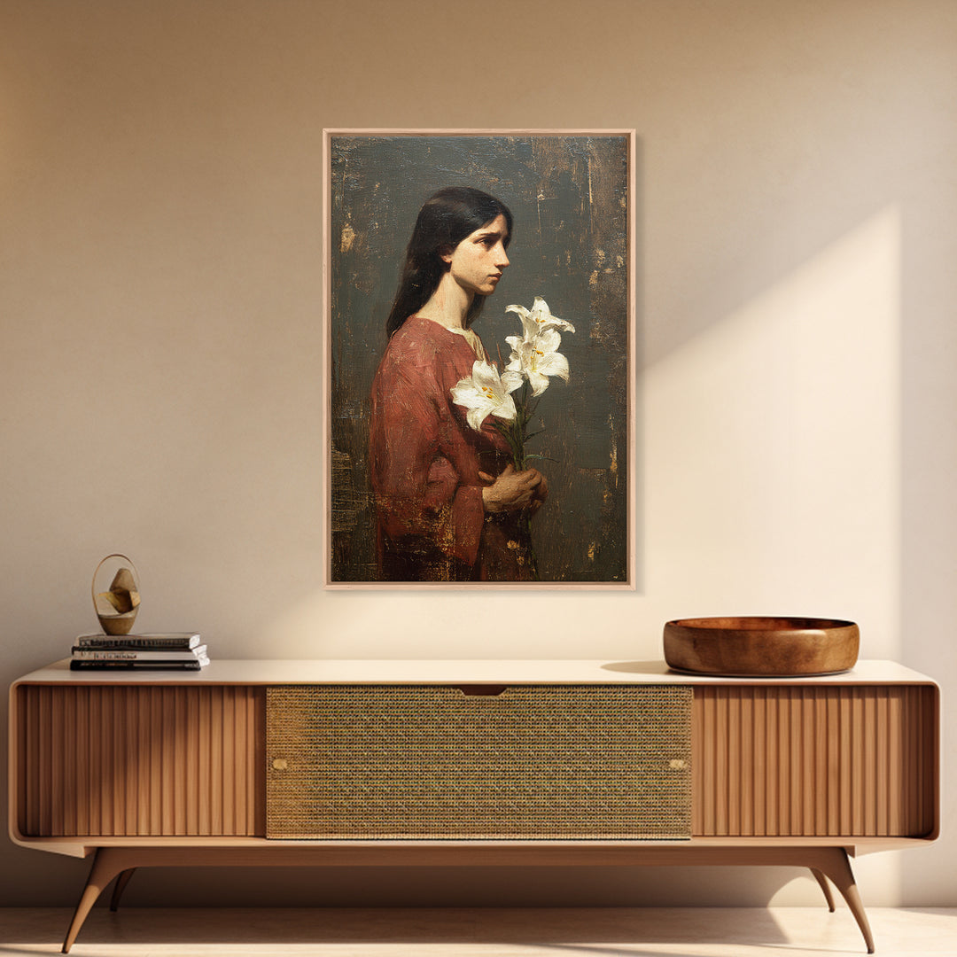 Saint Like Figure Holding White Lilies Framed Canvas Print, Renaissanceinspired Art, Classic Art, Living Room Decor, Classic, REN-2x3-21