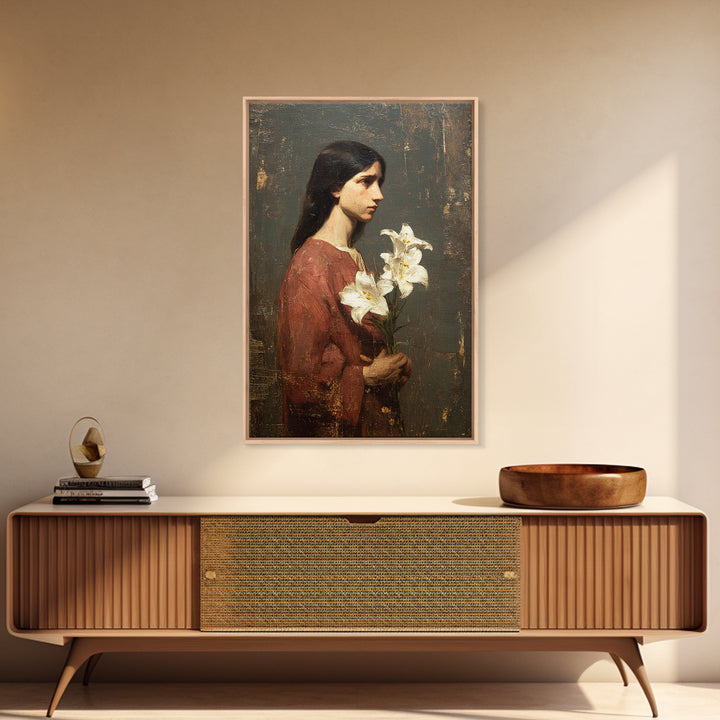 Saint Like Figure Holding White Lilies Framed Canvas Print, Renaissanceinspired Art, Classic Art, Living Room Decor, Classic, REN-2x3-21