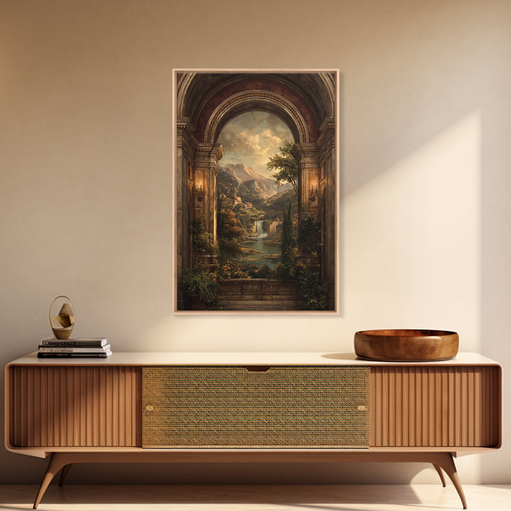Architectural Arch with Italian Landscape Beyond Canvas Print, Renaissanceinspired Art, Floral Painting, Living Room Decor, REN-2x3-67