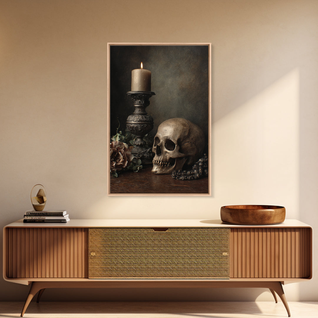 Old Master Skull and Candle Still Life Framed Canvas Print, Renaissanceinspired Art, Room Decor, Living Room Decor, Classic, REN-2x3-90