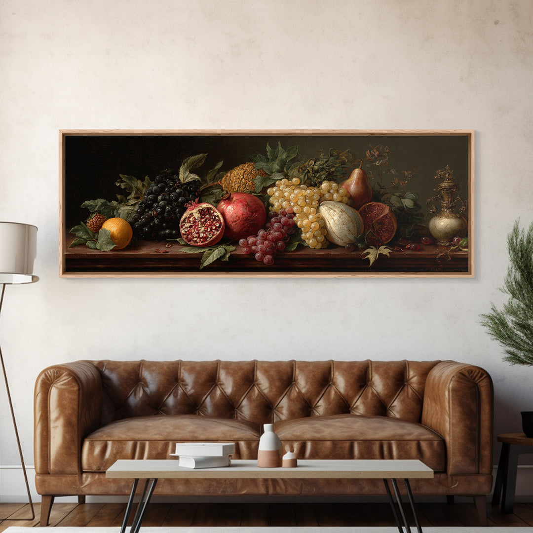 Oil Painted Fruit Still Life on Dark Canvas Print, Renaissanceinspired Art, Elegant Home Decor, Living Room Decor, Classic, REN-3x1-19