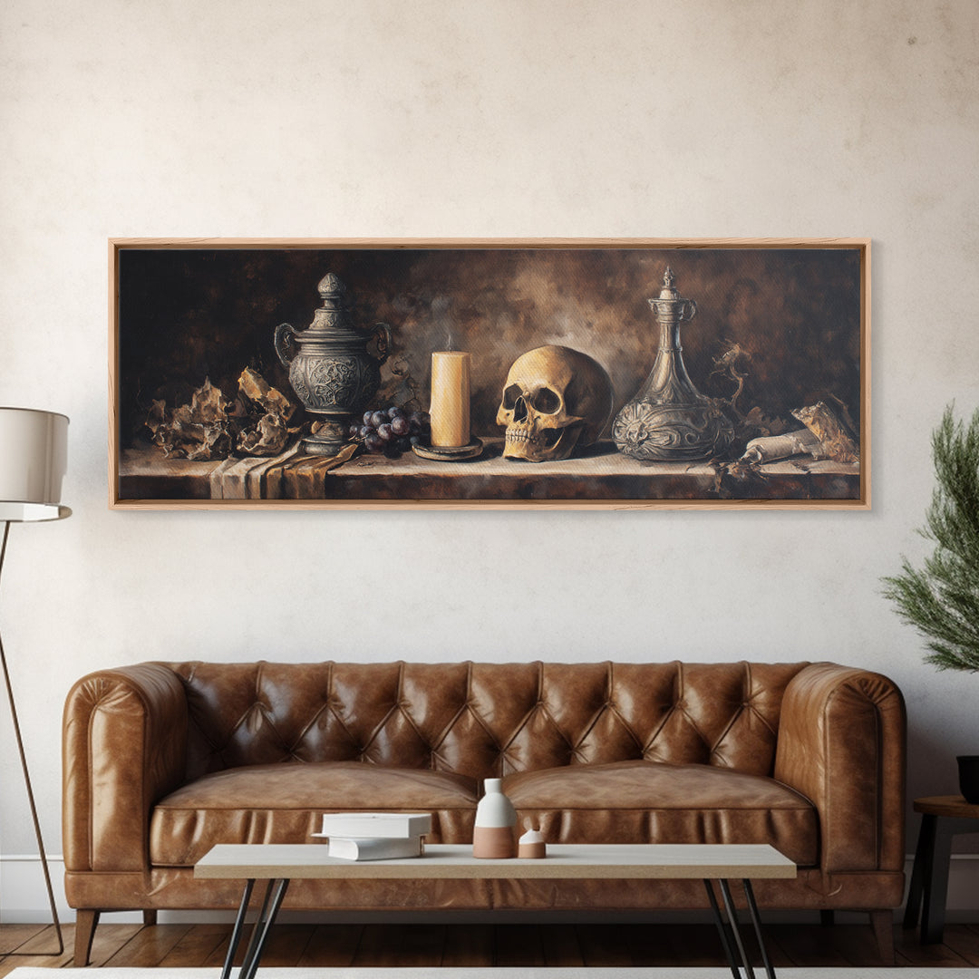 Old Master Skull and Candle Still Life Framed Canvas Print, Renaissanceinspired Art, Room Decor, Living Room Decor, Classic, REN-3x1-2