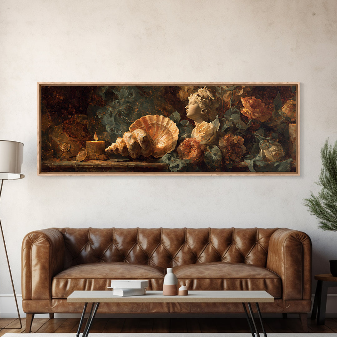 Venus Inspired Figure with Seashell and Roses Canvas Print, Renaissanceinspired Art, Romantic Art, Living Room Decor, Classic, REN-3x1-20