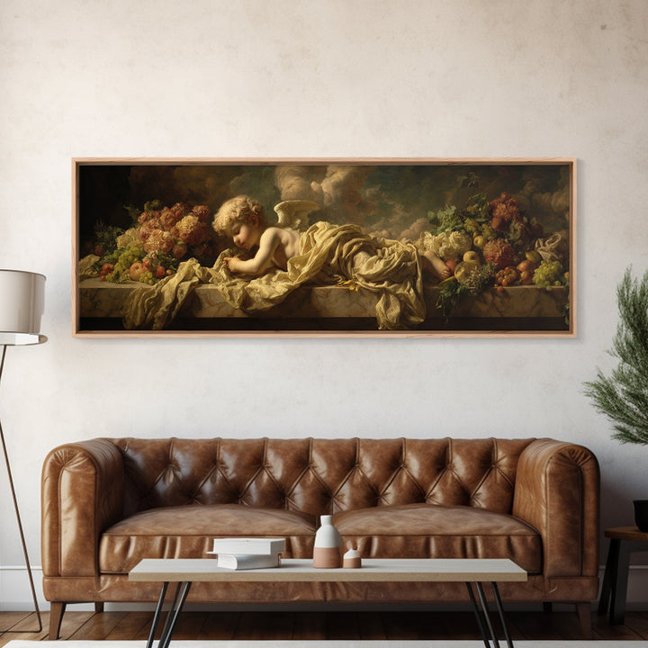 Cherub Holding a Ribbon Among Clouds Canvas Print, Renaissanceinspired Art, Elegant Home Decor, Living Room Decor, Abstract Art, REN-3x1-22