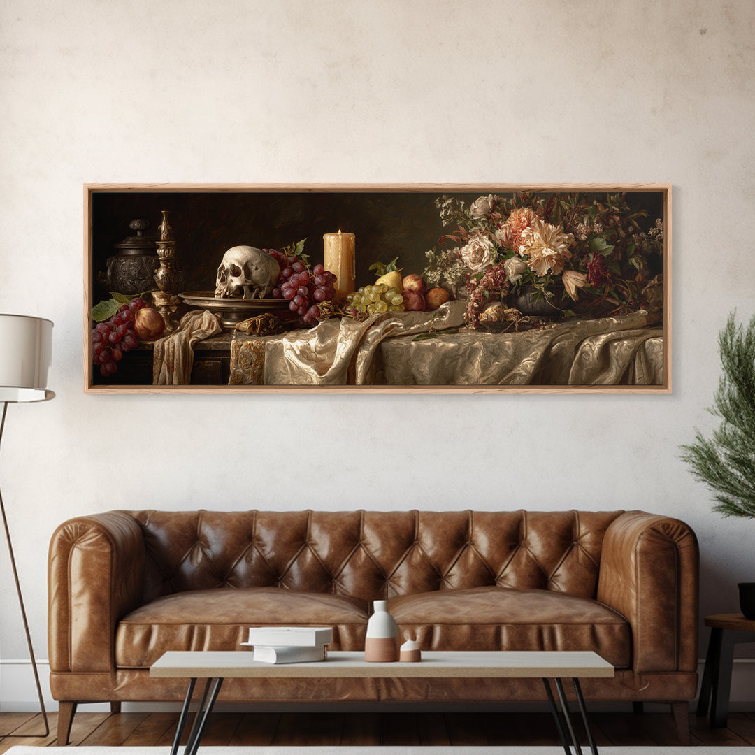Old Master Skull and Candle Still Life Canvas Print, Renaissanceinspired Art, Digital Art, Living Room Decor, Watercolor Art, REN-3x1-26