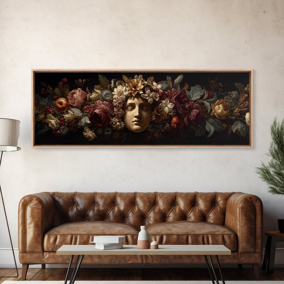 Floral Garland Surrounding a Classical Profile Canvas Print, Renaissanceinspired Art, Painting from Photo, Living Room Decor, REN-3x1-62