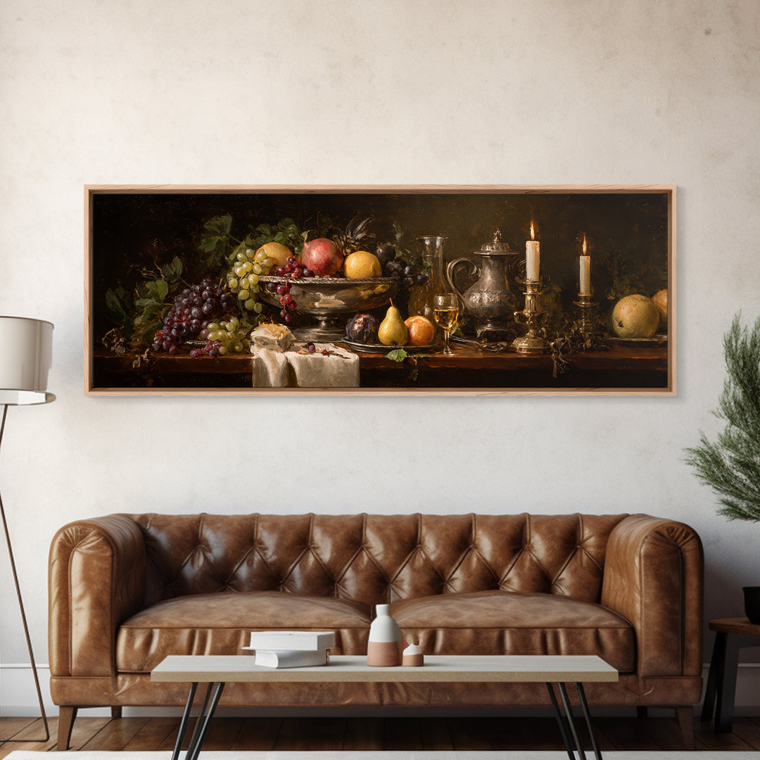 Oil Painted Fruit Still Life on Dark Framed Canvas Print, Renaissanceinspired Art, Wall Art, Living Room Decor, Abstract Art, REN-3x1-67