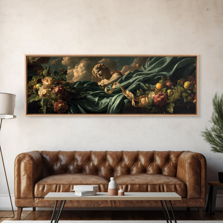 Cherub Holding a Ribbon Among Clouds Canvas Print, Renaissanceinspired Art, Elegant Home Decor, Living Room Decor, Oil Painting, REN-3x1-70