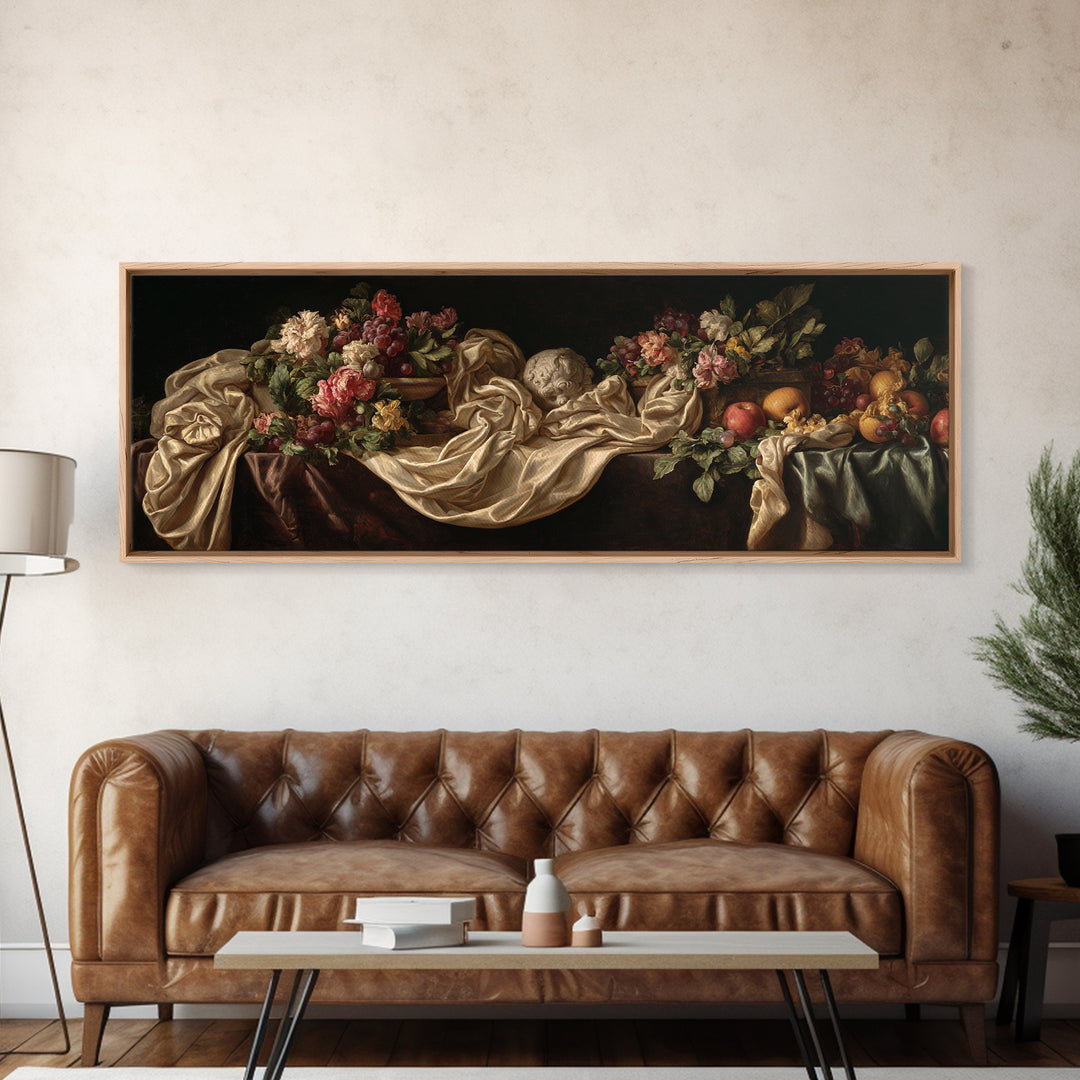 Floral Garland Surrounding a Classical Profile Canvas Print, Renaissanceinspired Art, Minimalist Decor, Living Room Decor, REN-3x1-86