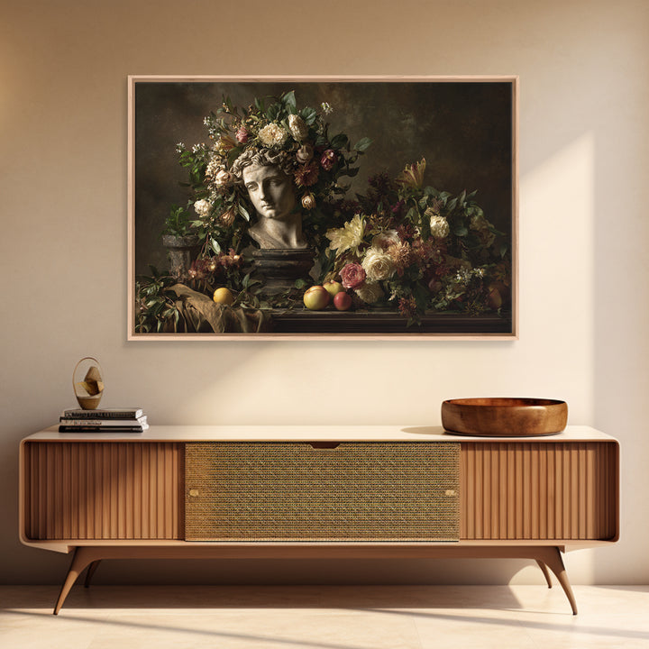 Floral Garland Surrounding a Classical Profile Canvas Print, Renaissanceinspired Art, Minimalist Decor, Living Room Decor, REN-3x2-26