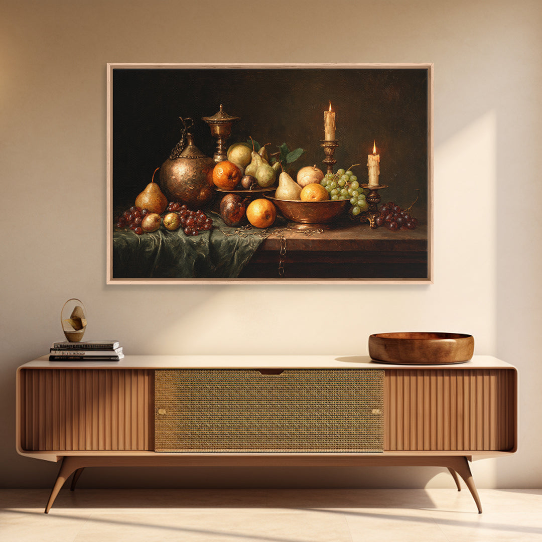 Oil Painted Fruit Still Life on Dark Canvas Print, Renaissanceinspired Art, Yoga Wall Art, Living Room Decor, Classic, REN-3x2-55