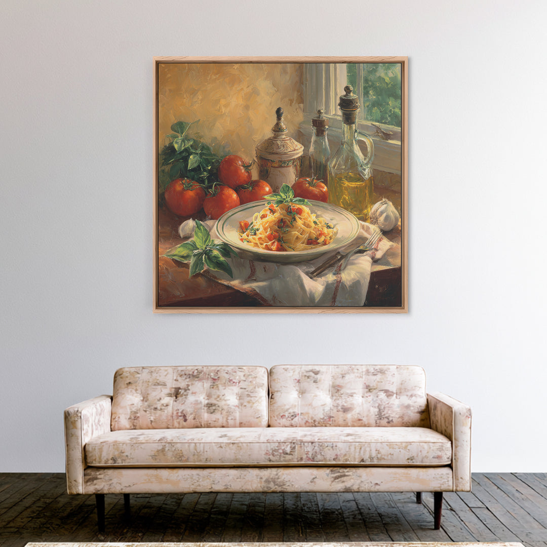Fresh Pasta with Tomatoes and Basil Framed Canvas Print, Restaurant Art, Canvas Print, Restaurant Decor, Fine Art, Bistro, RES-1x1-2