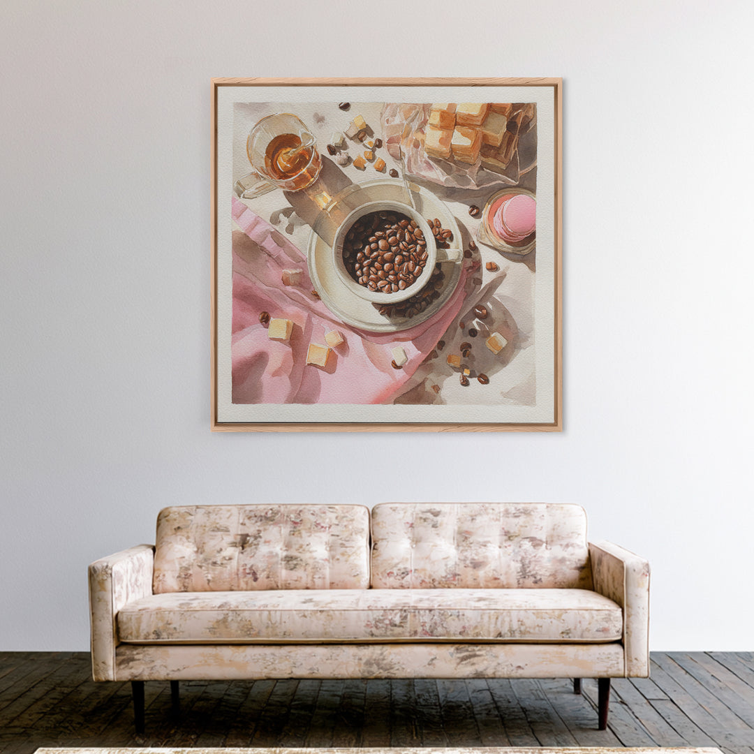 Coffee Beans and Pastry Arrangement Canvas Print, Restaurant Art, Watercolor Painting, Restaurant Decor, Oil Painting, Bistro, RES-1x1-22