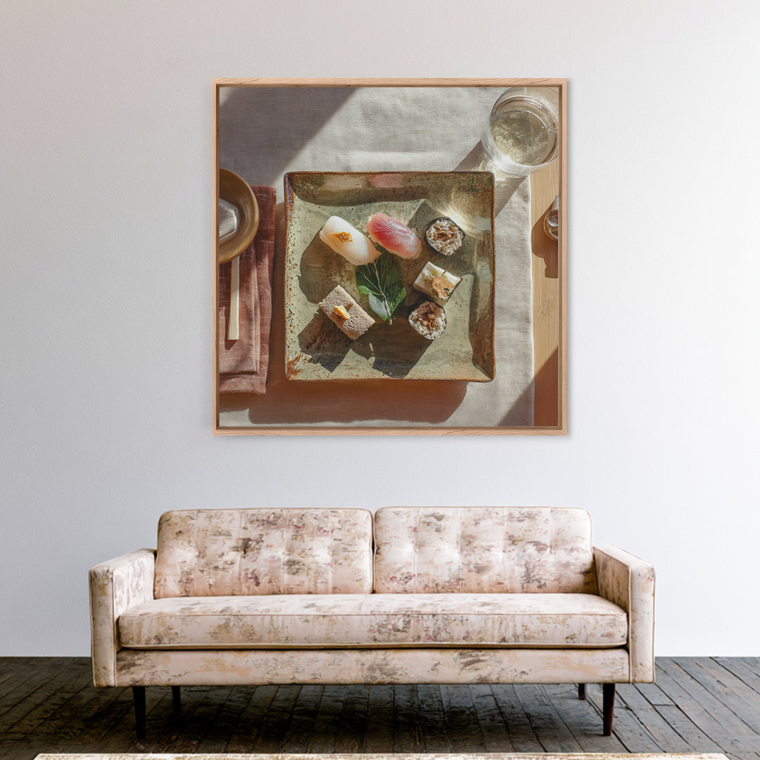 Sushi Fish and Ceramic Plate Composition Framed Canvas Print, Restaurant Art, Textured Painting, Restaurant Decor, Bistro, RES-1x1-29