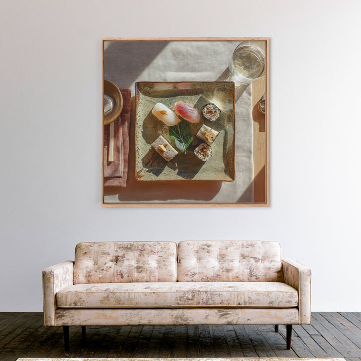 Sushi Fish and Ceramic Plate Composition Framed Canvas Print, Restaurant Art, Textured Painting, Restaurant Decor, Bistro, RES-1x1-29