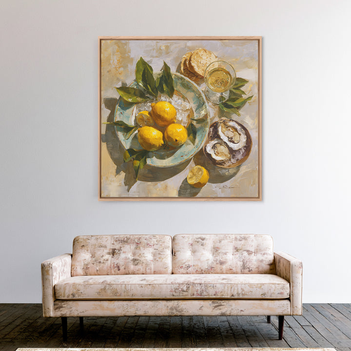 Oyster Platter with Lemons and Champagne Canvas Print, Restaurant Art, Kitchen Wall Art, Restaurant Decor, Abstract Art, Bistro, RES-1x1-3
