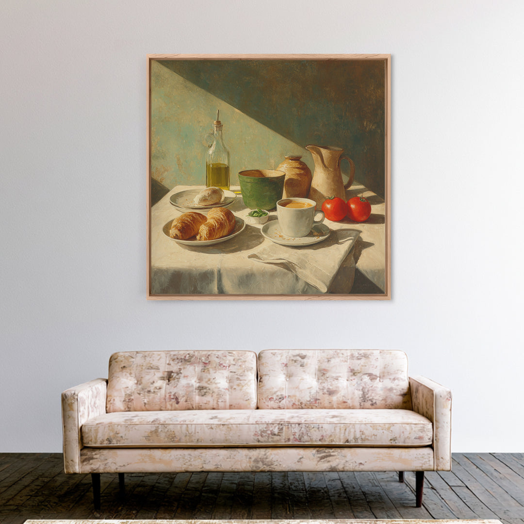 French Bistro Coffee and Croissant Still Life Canvas Print, Restaurant Art, Food Art, Restaurant Decor, Oil Painting, Bistro, RES-1x1-30