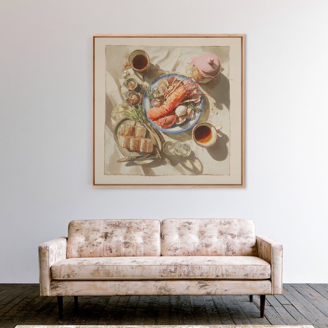 Seafood Lobster and Shell Arrangement Framed Canvas Print, Restaurant Art, Gallery Decor, Restaurant Decor, Fine Art, Bistro, RES-1x1-32
