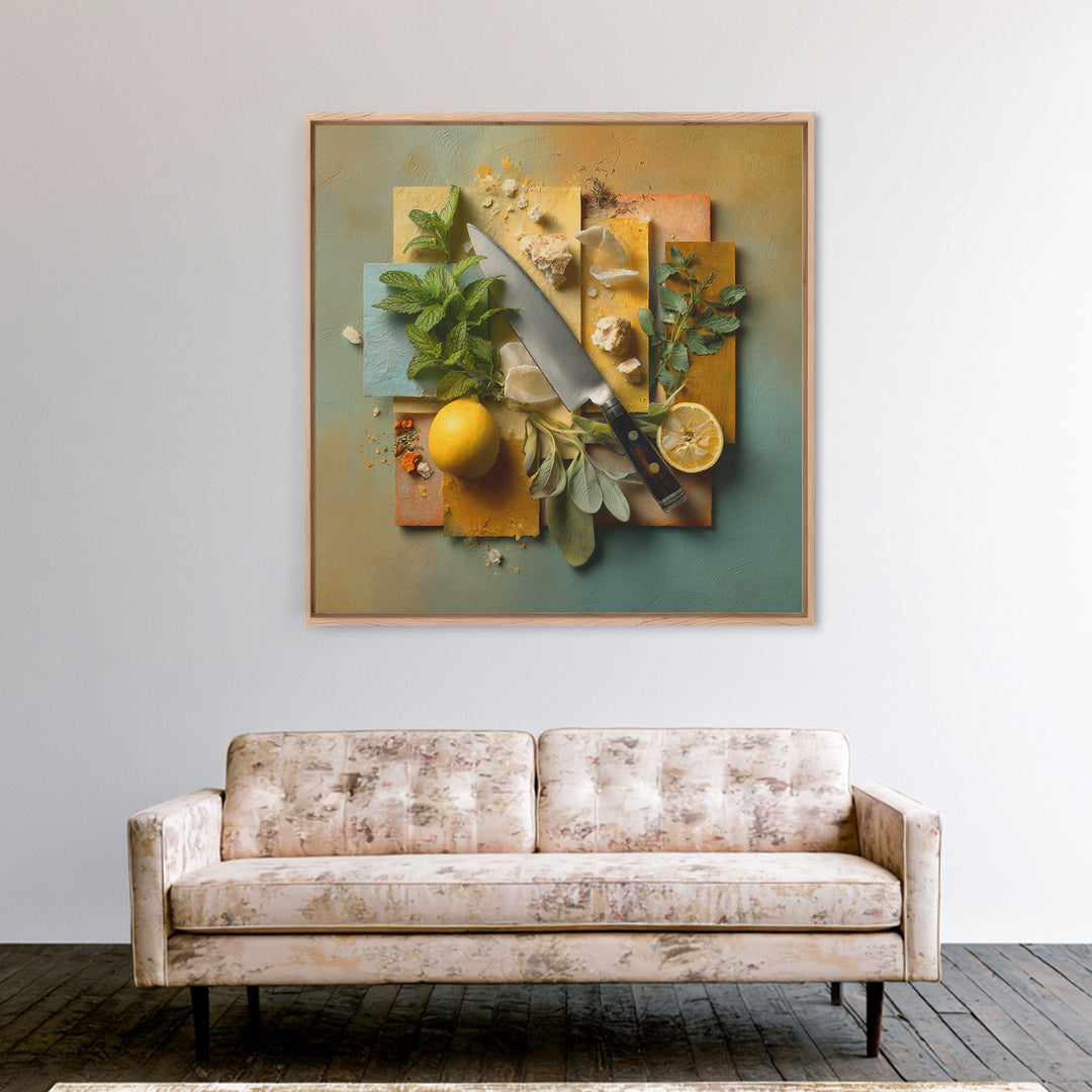 Chef Knife Herbs and Cutting Board Still Framed Canvas Print, Restaurant Art, Boho Decor, Restaurant Decor, Oil Painting, RES-1x1-37