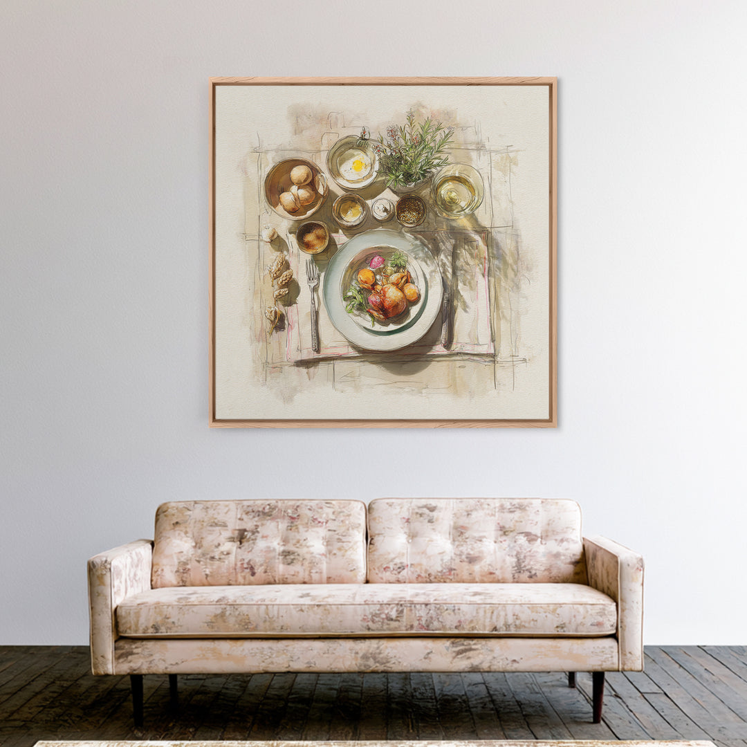 Rooster and Herbs for Farmhouse Restaurant Mood Framed Canvas Print, Restaurant Art, Kitchen Decor, Restaurant Decor, Bistro, RES-1x1-44
