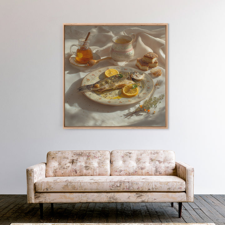 Fresh Fish with Lemon and Herbs Framed Canvas Print, Restaurant Art, Kitchen Art, Restaurant Decor, Fine Art, Bistro, RES-1x1-47