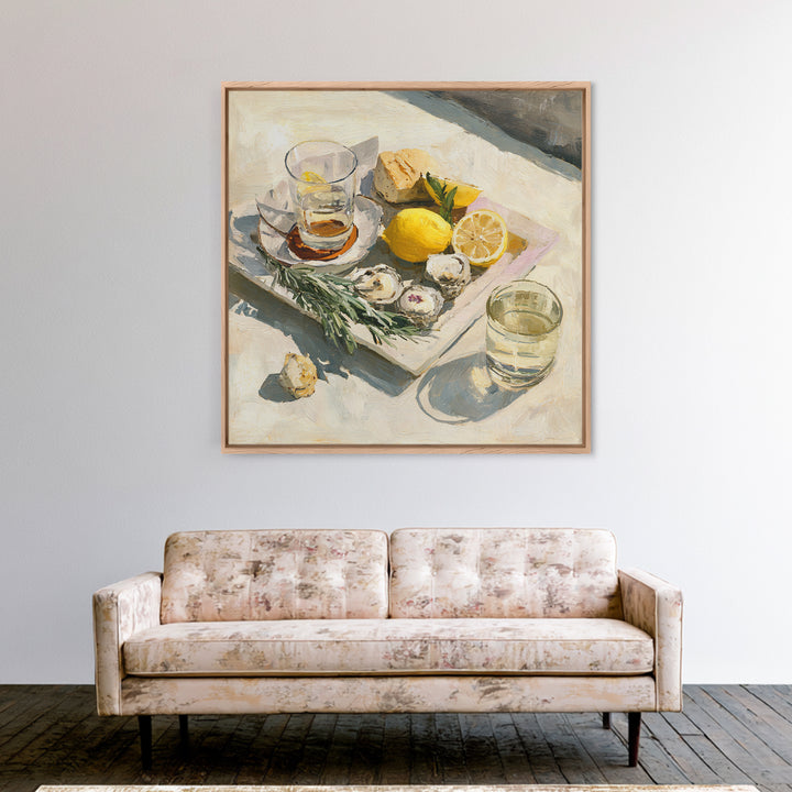 Oyster Platter with Lemons and Champagne Framed Canvas Print, Restaurant Art, Food Art, Restaurant Decor, Oil Painting, Bistro, RES-1x1-51
