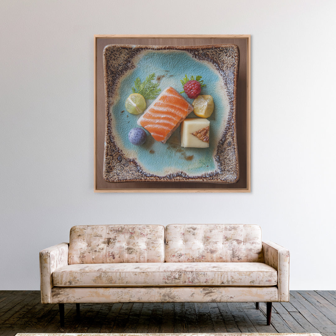 Sushi Fish and Ceramic Plate Composition Framed Canvas Print, Restaurant Art, Textured Painting, Restaurant Decor, Bistro, RES-1x1-53