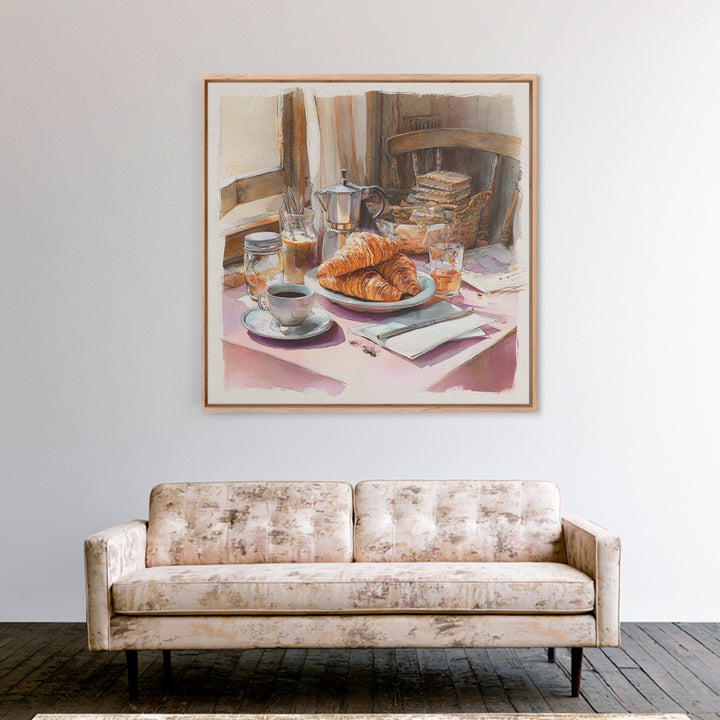 French Bistro Coffee and Croissant Still Life Canvas Print, Restaurant Art, Food Art, Restaurant Decor, Oil Painting, Bistro, RES-1x1-54