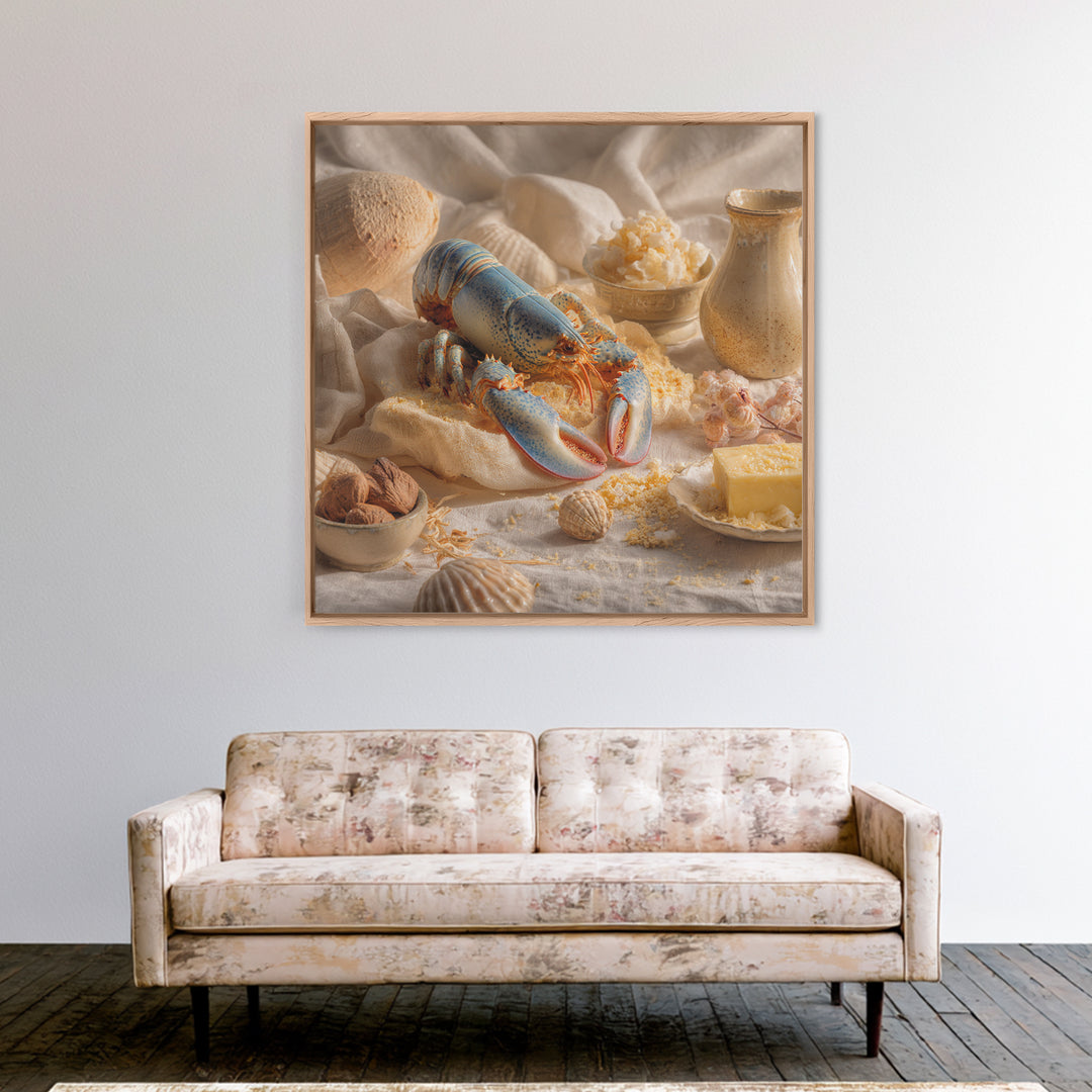 Seafood Lobster and Shell Arrangement Framed Canvas Print, Restaurant Art, Kitchen Decor, Restaurant Decor, Fine Art, Bistro, RES-1x1-56