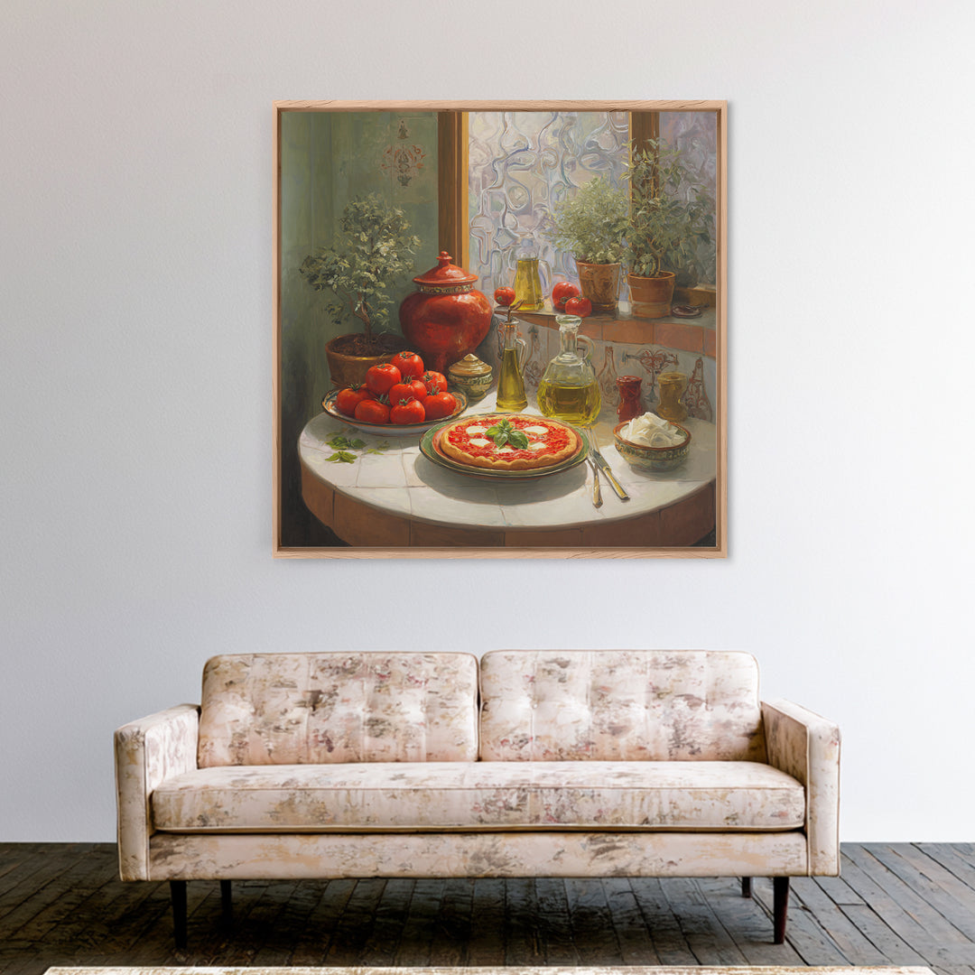 Pizzeria Tomato Basil and Mozzarella Still Life Framed Canvas Print, Restaurant Art, Bar Decor, Restaurant Decor, RES-1x1-58