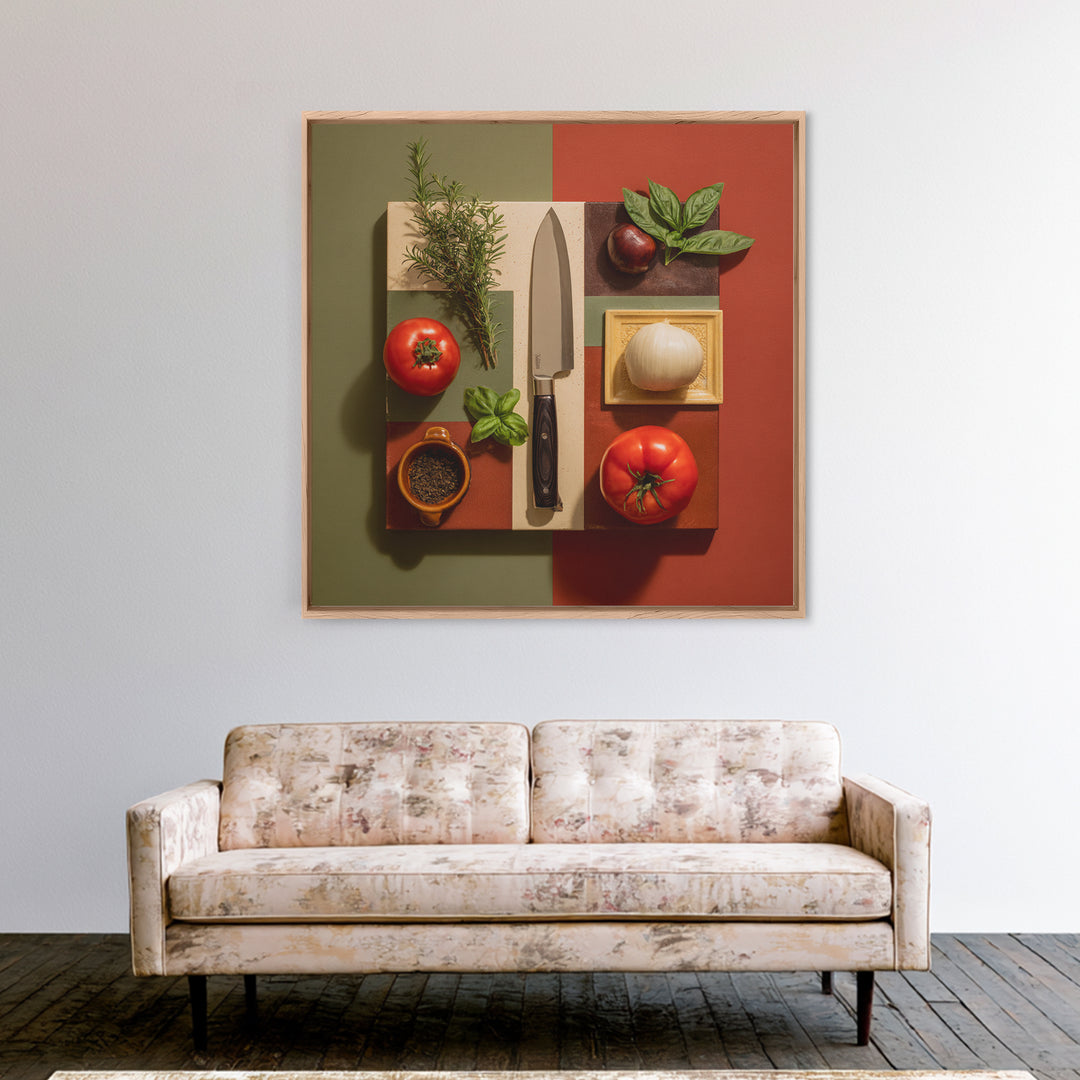 Chef Knife Herbs and Cutting Board Still Framed Canvas Print, Restaurant Art, Boho Decor, Restaurant Decor, Oil Painting, RES-1x1-61