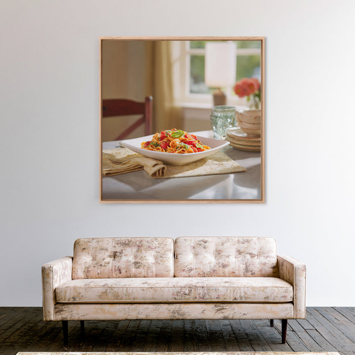 Fresh Pasta with Tomatoes and Basil Framed Canvas Print, Restaurant Art, Fine Art Print, Restaurant Decor, Fine Art, Bistro, RES-1x1-74