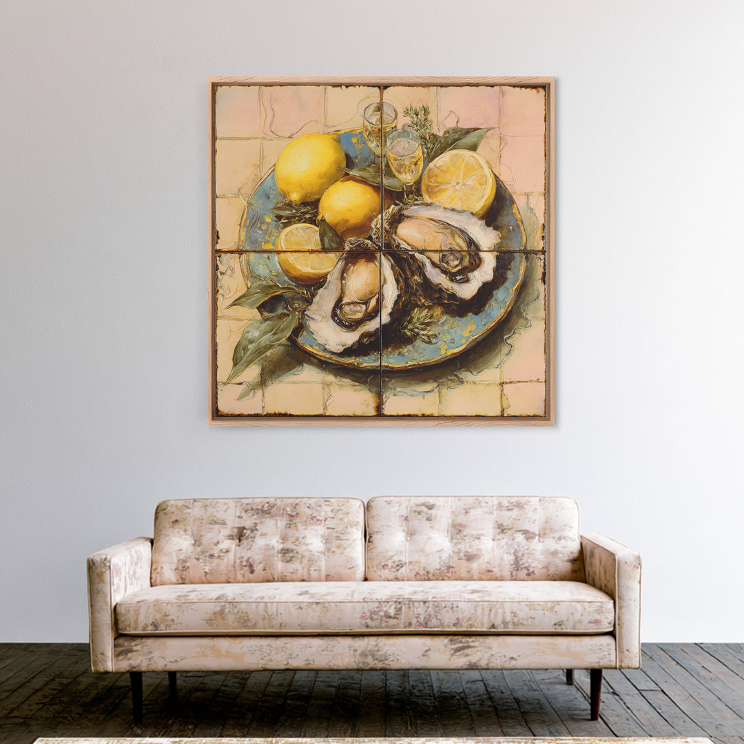 Oyster Platter with Lemons and Champagne Canvas Print, Restaurant Art, Statement Artwork, Restaurant Decor, Fine Art, Bistro, RES-1x1-75
