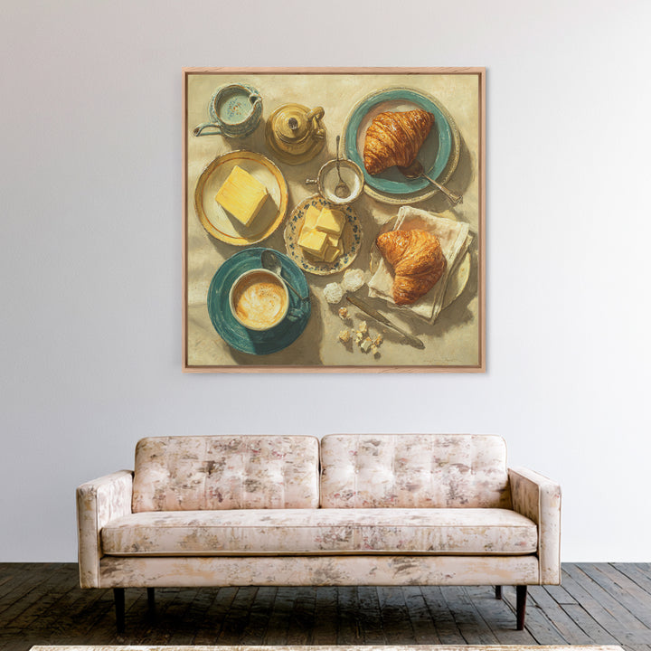 French Bistro Coffee and Croissant Still Life Framed Canvas Print, Restaurant Art, Statement Artwork, Restaurant Decor, Bistro, RES-1x1-78